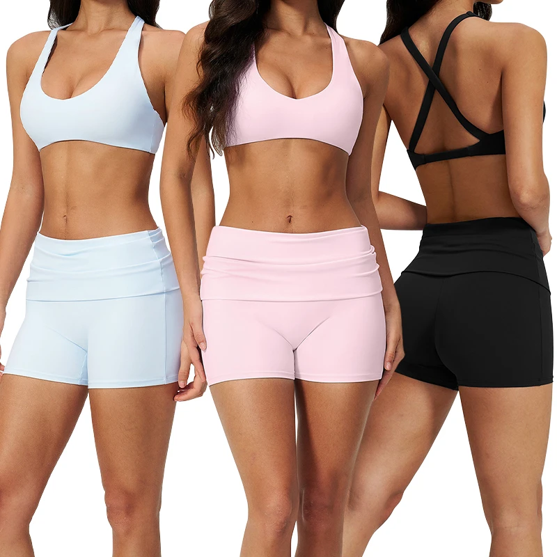 TZ5558-1 Cross Strap Hollow Back Deep U Neck Sports Bra Fold-Over Waist Yoga Shorts Sexy Fashion Style Yoga Sets