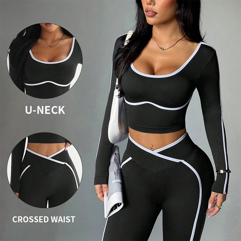 Women 2 Piece Long Sleeve Crossed Waist Yoga Set High Waist Leggings Color Block High Lifting Gym Fitness Activewear