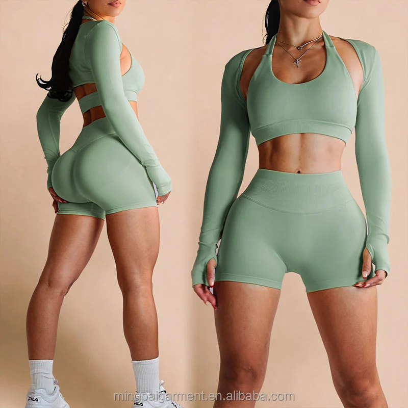Custom Women Yoga Set 2 Piece Long Sleeve Crop Top High Waist Shorts Clothes Workout Legging Square Neck Yoga Flared Activewear