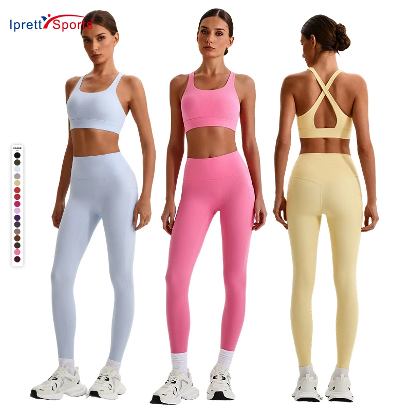 Sexy Crisscross Strap Backless Bra Solid Color Both Side Pocket Pants Fitness Yoga Outfit Set Breathable Women's 2 Pieces Sets