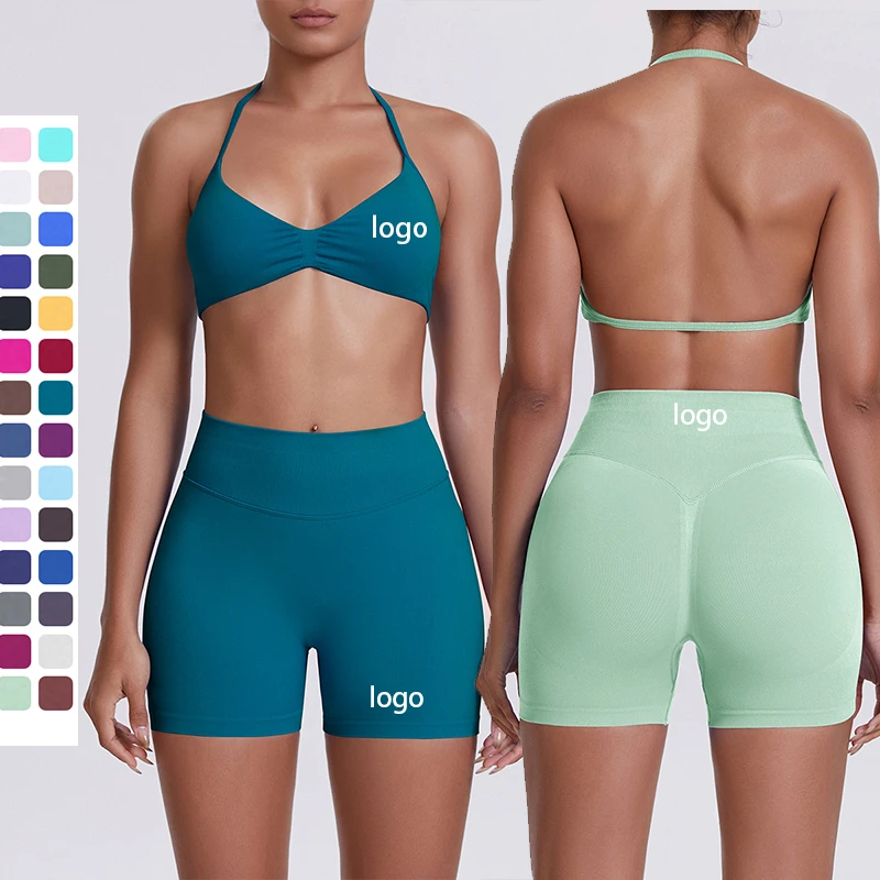 Women Fitness Yoga Breathable for Seamless Neck Bra Shorts Yoga Outfit Set Tight-Fitting Running Fitness Sports Two-Piece Set