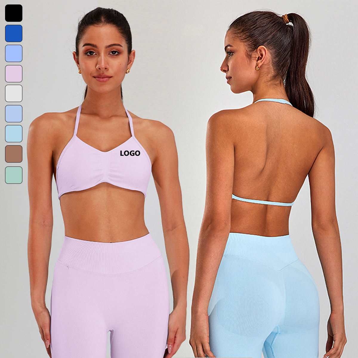 Women Halter Sports Bra Light Support V Neck Padded Strappy Open Back Workout Gym Bra Pleated Longline Padded Yoga Bras