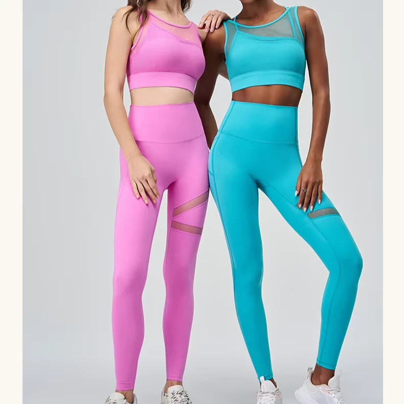 Yoga Set Manufacturer New High Waist Belly Tuck High Quality Yoga Bra Pants Fitness Set Breathable Spliced Mesh Sports Yoga Set