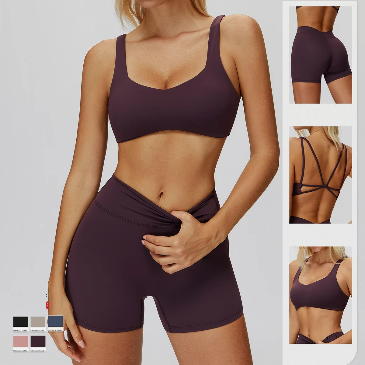 Brushed Fabric Outing Spandex Elastic Quick Dry Jogging Wear 2 Pieces Set Bra High Waist Short Breathable Butt Lift Gym Yoga Set
