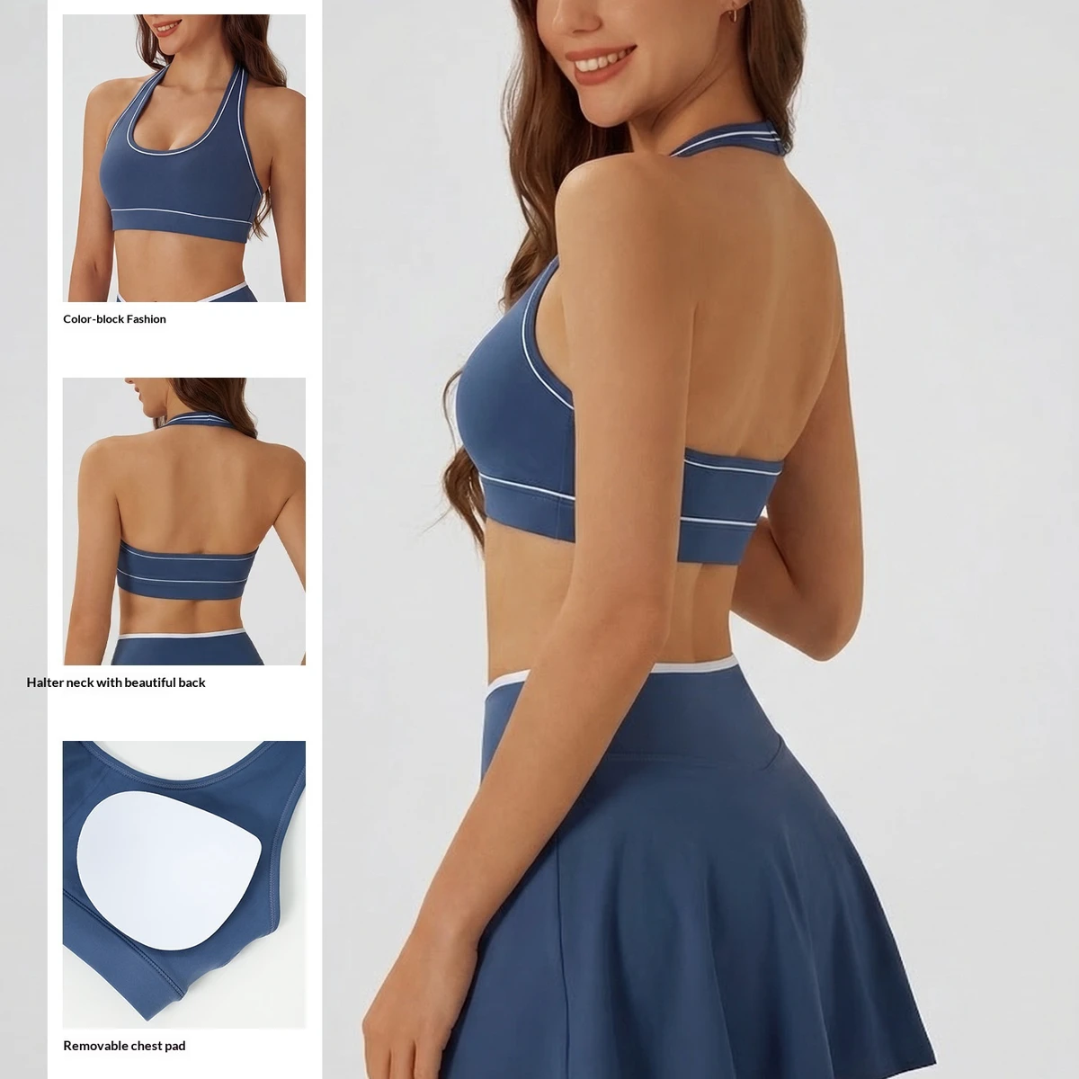 Women's High Support Breathable Spandex/Nylon Contrast Color Blocking Detachable Chest Pad U-Neck Halter Strap Sports Bra for
