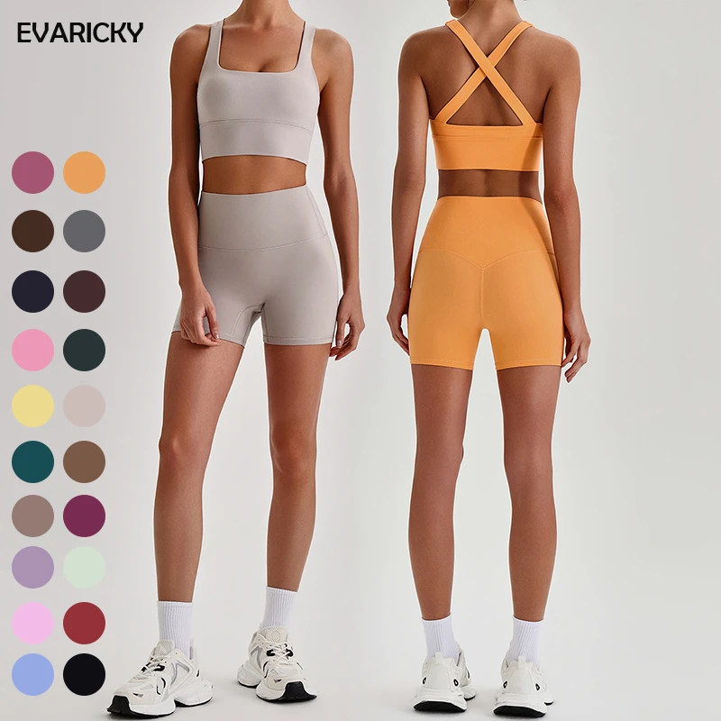 EVARICKY OEM Active Wear Women Cross Back Cropped Top Wide Hem High Impact Sports Bra Women Fitness Gym Shorts 2 Piece Yoga Sets