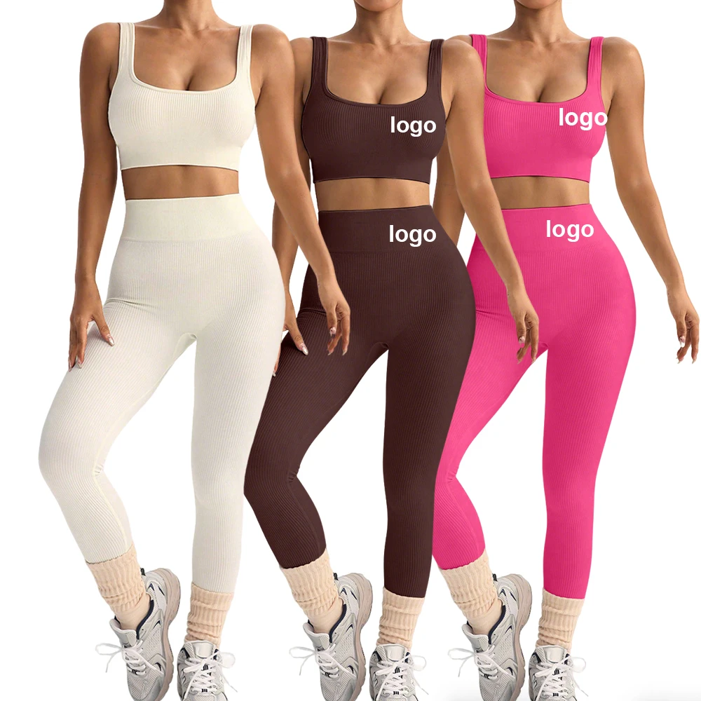 Women's Ribbed Yoga Set 2 Piece Quick Dry Sports Bra High Waist Leggings Workout Outfits Shockproof Fitness Activewear for Gym