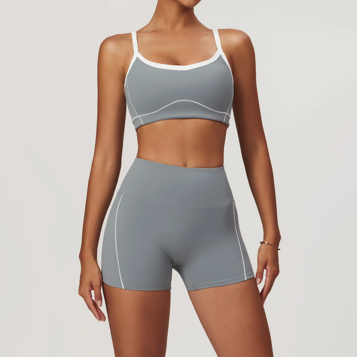 Solid Color High Waist Short Legging Gym Yoga Set Fitness Suit Sports Bra Top Athletic Women 2 Piece Suit