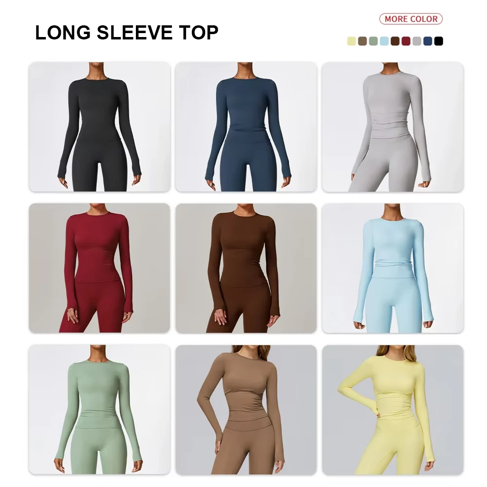 Women Plus Size Solid Square Neck Breathable Quick Dry Spandex/Nylon 2 Piece Yoga Set Full Sleeve Halter Top Anti-Bacterial