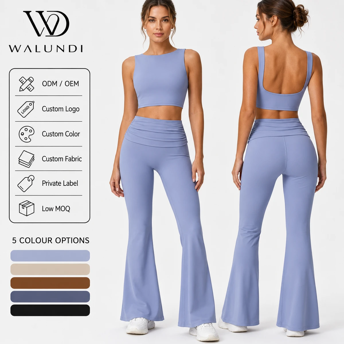 Custom Logo Yoga Set Foldover Waist Flare Pants Naked Feeling Slim Fit 2 Piece Bootcut Leggings Gym Workout Outfits Wholesale