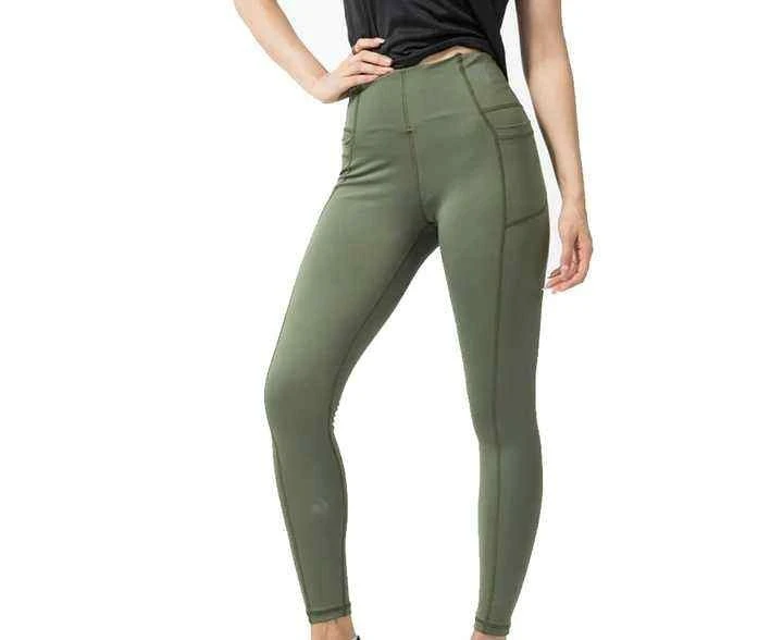 High Waist Olive Green Yoga Leggings With Pockets Full Length Four-Way Stretch Activewear Pants For Women