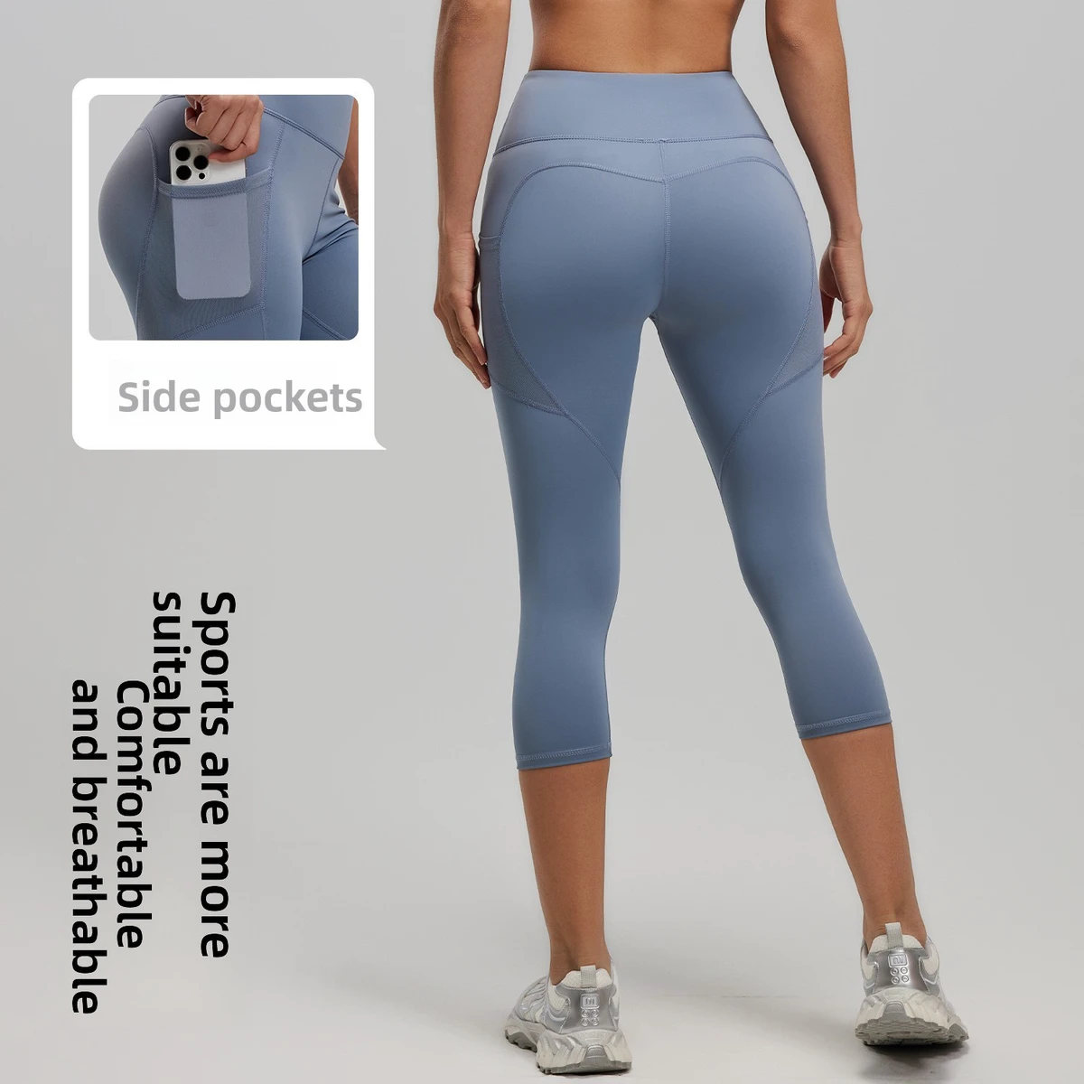 Solid Color Side Pocket Cropped Yoga Pants Women's High Waist Gym Peach Hip Polyester Spandex Sports Tights