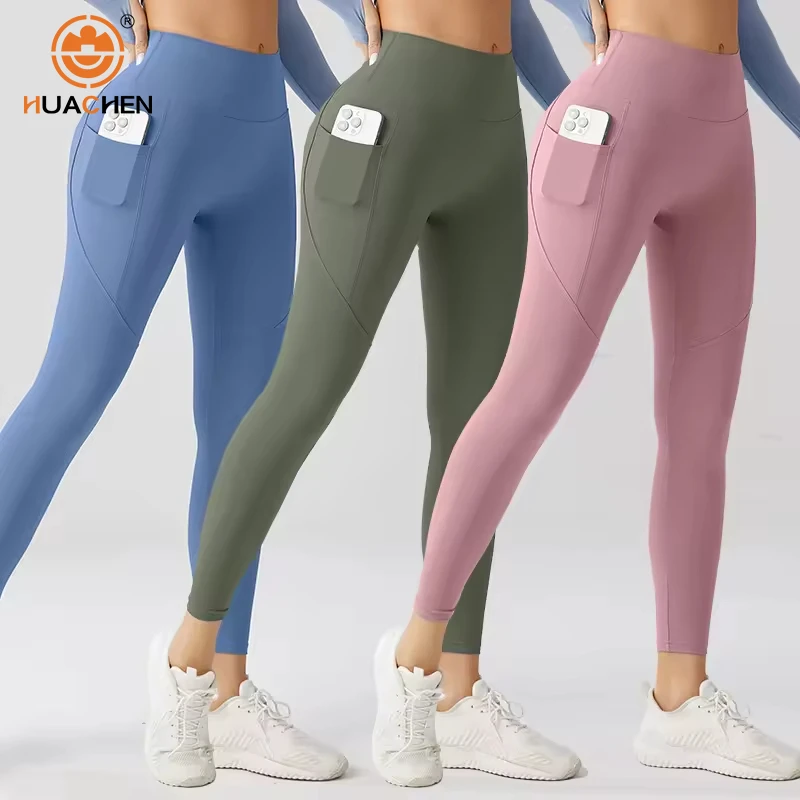 Women's Yoga Leggings 28 Inches High-Waist Solid Elastic Waist Tummy Control Quick Dry Custom Logo Workout Pants Pockets