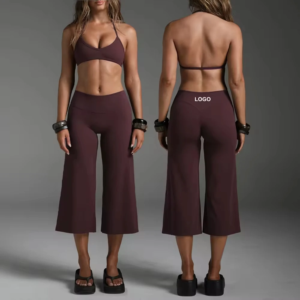 Custom Halter Sports Bra & Calf-Length Wide Legs Yoga Leggings High-Waisted Yoga Activewear 2 Piece Workout Sets for Women