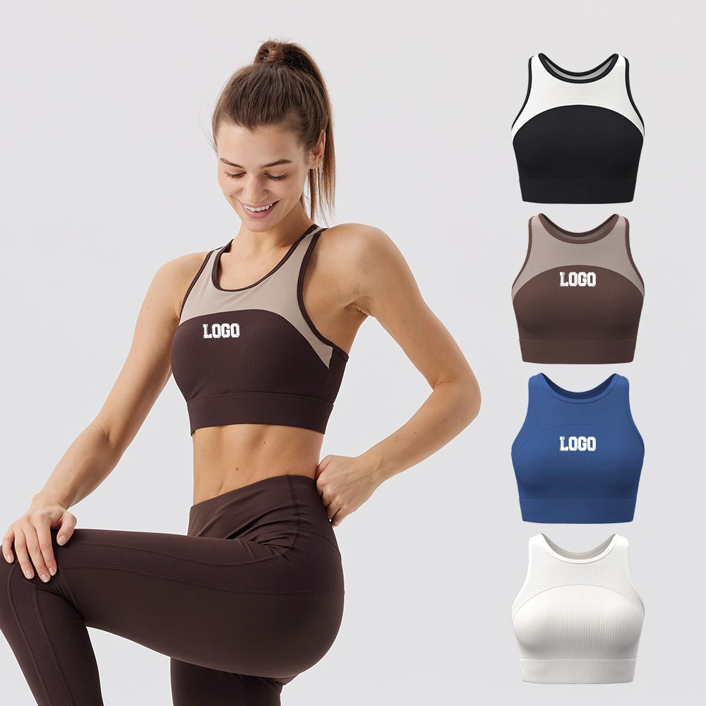 OEM Custom Wide Straps Cutout Back Breathable Stretchy High Support Workout Tennis Gym Fixed Padded Cups Sports Bra for Women