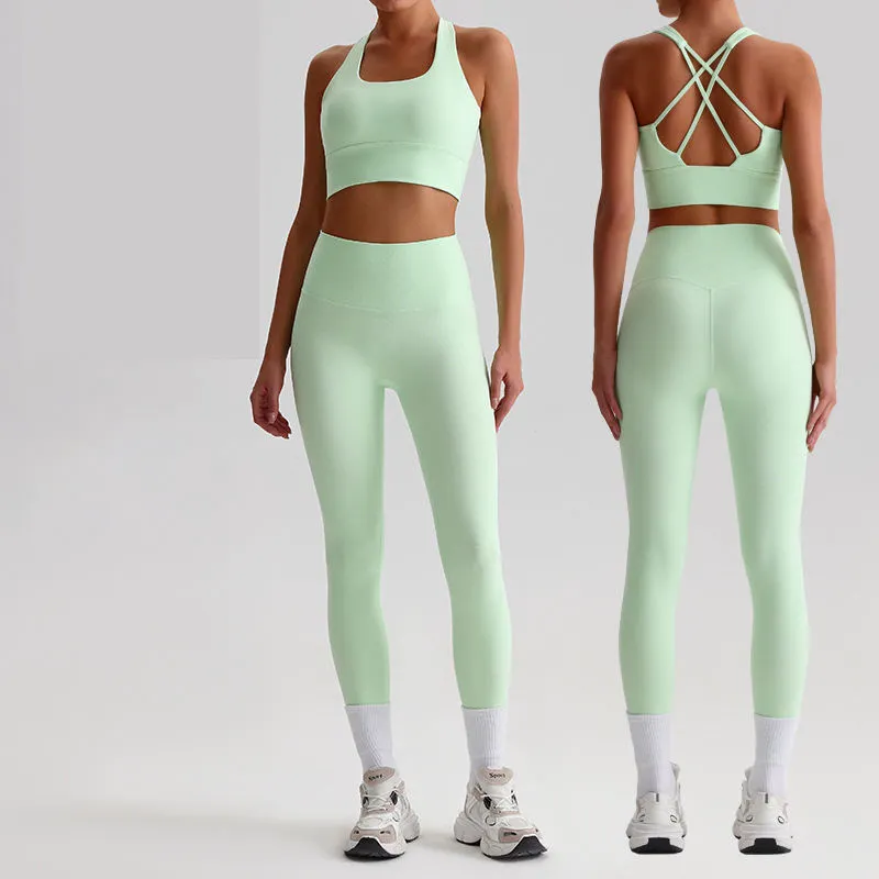 2 Piece Yoga Set Crisscross Back Crop Top High Waist Full Length Leggings Seamless Solid Color Spandex Polyester