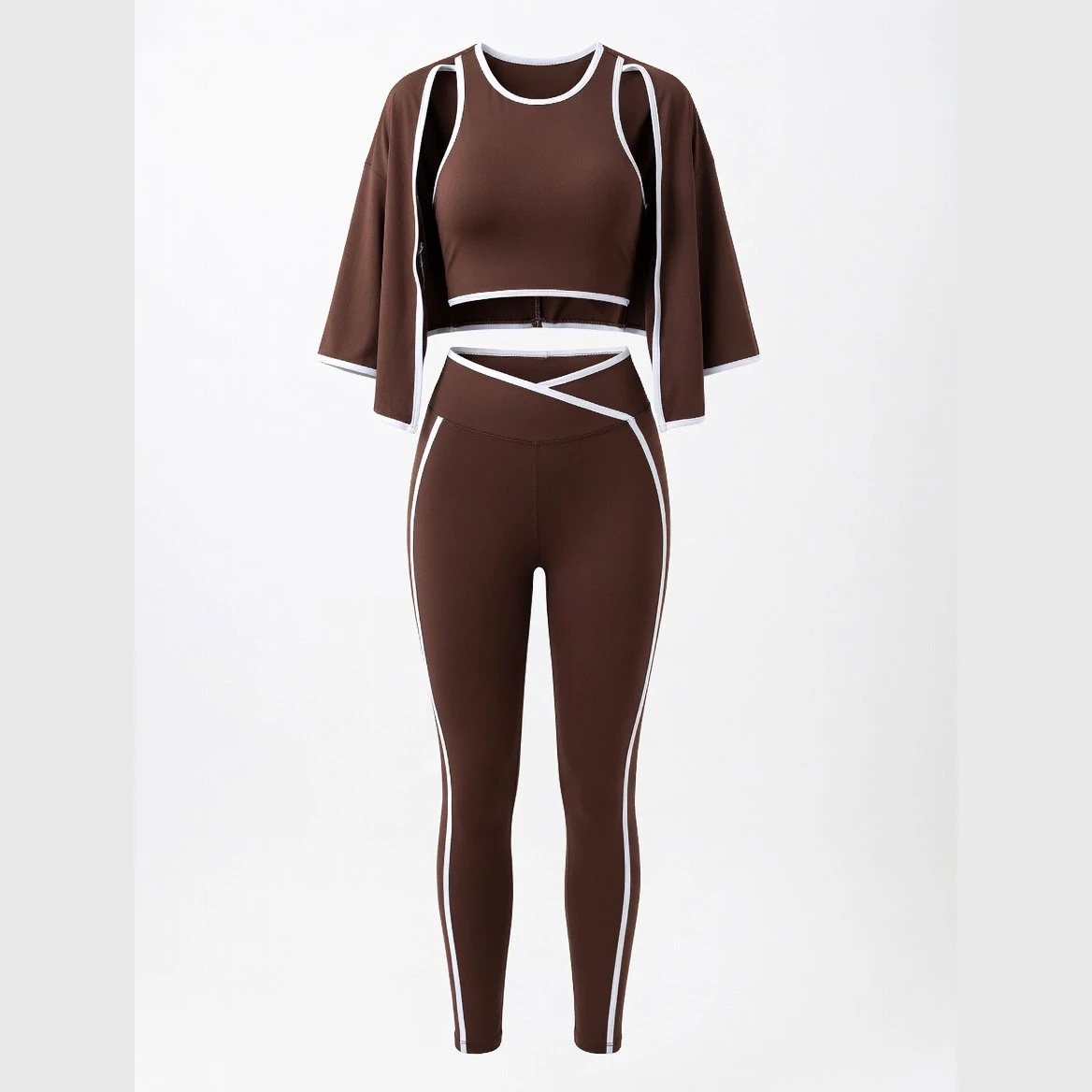 Brown 3PCS Set High Waisted Yoga Leggings Set With Contrast Stitch Side Stripe Full Length Spandex Nylon Women Workout Wear