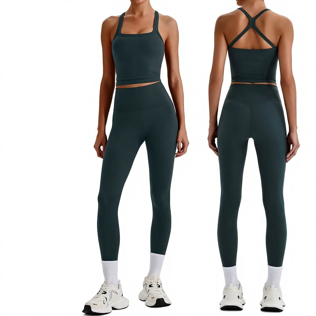 Criss Cross Backless Yoga Set Women Spaghetti Straps Sports Bra High Waisted Tummy Control Leggings Matching Workout Set