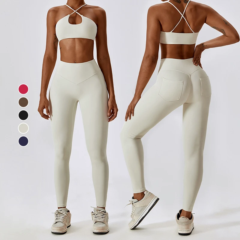 Women's High Waist Naked Activewear Quick-Drying Yoga Set Pockets for Cycling Running Exercise Fitness Gym Workout Plaid Pattern