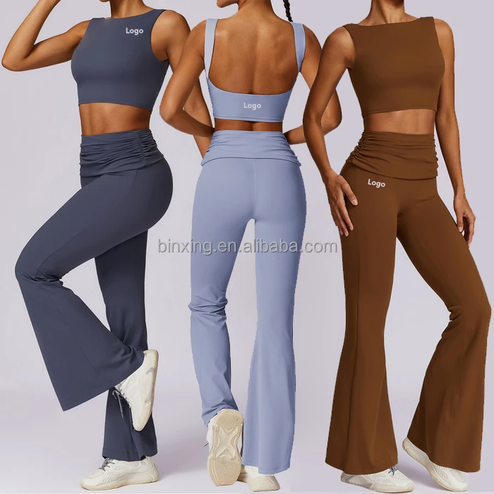 Women Sexy Backless Workout 2pcs Sets Fitness Gym Padded tank Crop Tops Activewear Yoga Clothes Suit Flare Pants Sport Set