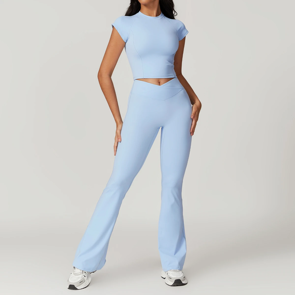 2 Piece Women's Breathable Workout Yoga Sets Short Sleeve Crop Top High Waist Flare Pants Casual Tracksuit Matching Sports Front