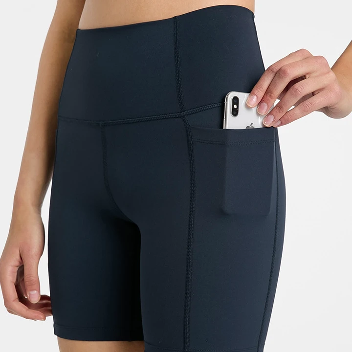 Custom Solid Workout High Waisted Women's Shorts with Side Pockets Breathable Four-Way Stretch & Tummy Control