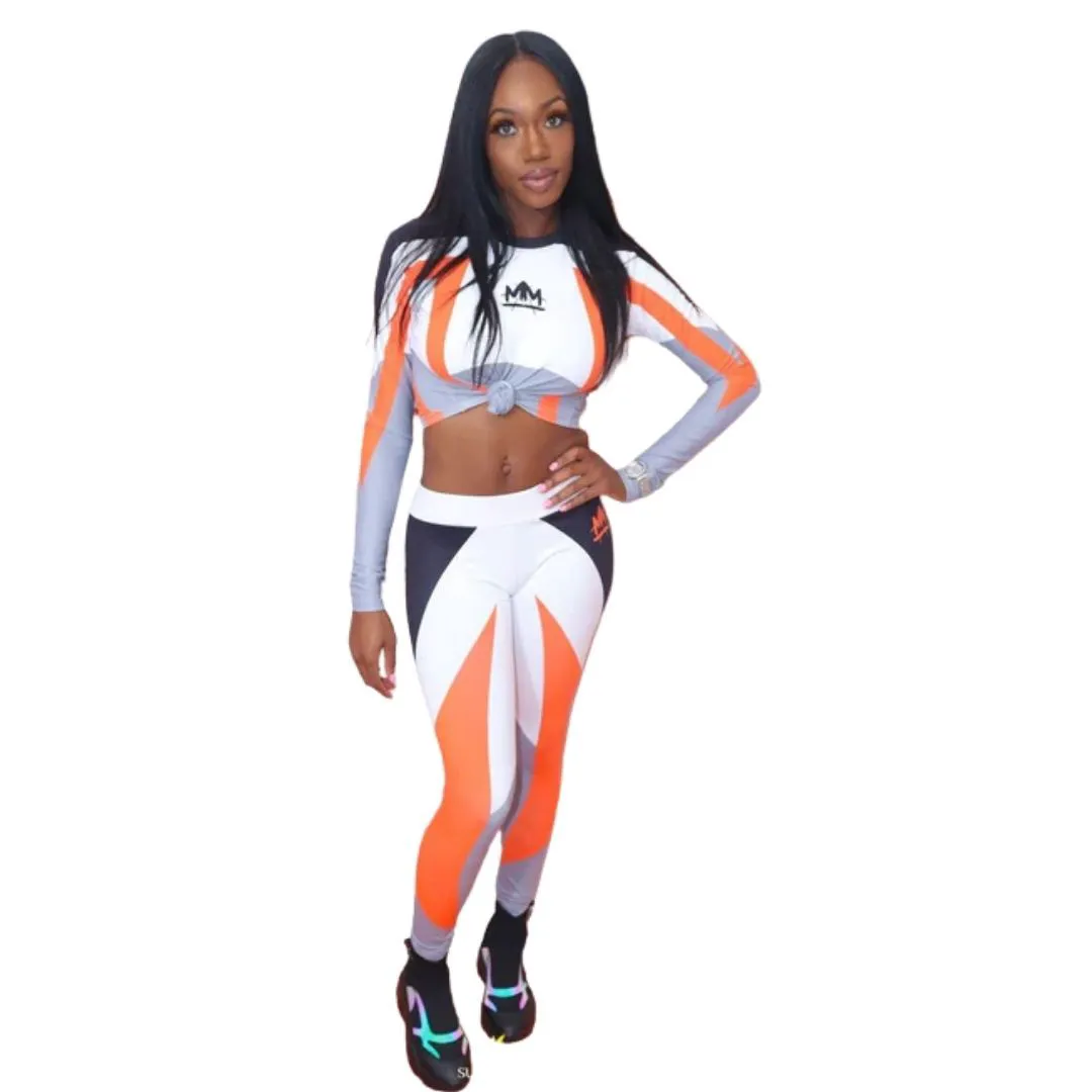 Women Long Sleeve Crop Top And High Waist Leggings Two Piece Workout Activewear Stretch Fitness Set