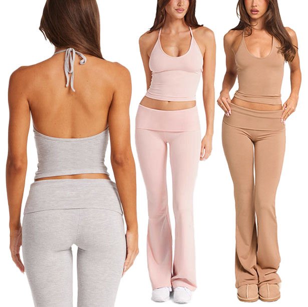 Hot Sale Solid Yoga Halter Crop Top Flare Leggings 2 Piece Workout Set Nylon Spandex Quick Dry Elastic Waist Breathable Gym