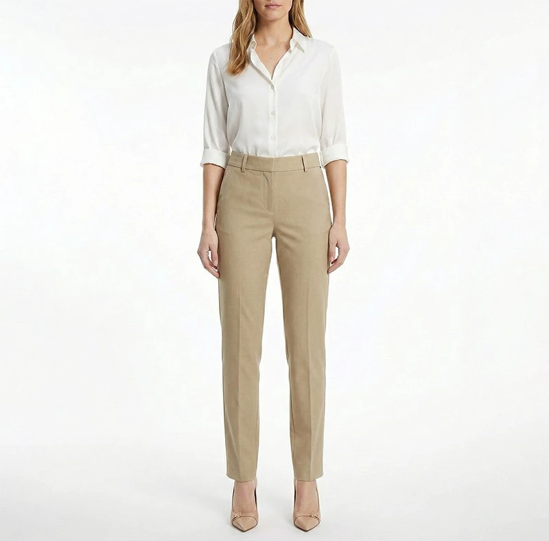 Women's Khaki Mid-Waisted Breathable Eco-Friendly Woven ODM Casual Spring Dress Pants Double Pleat Design Cotton Polyester