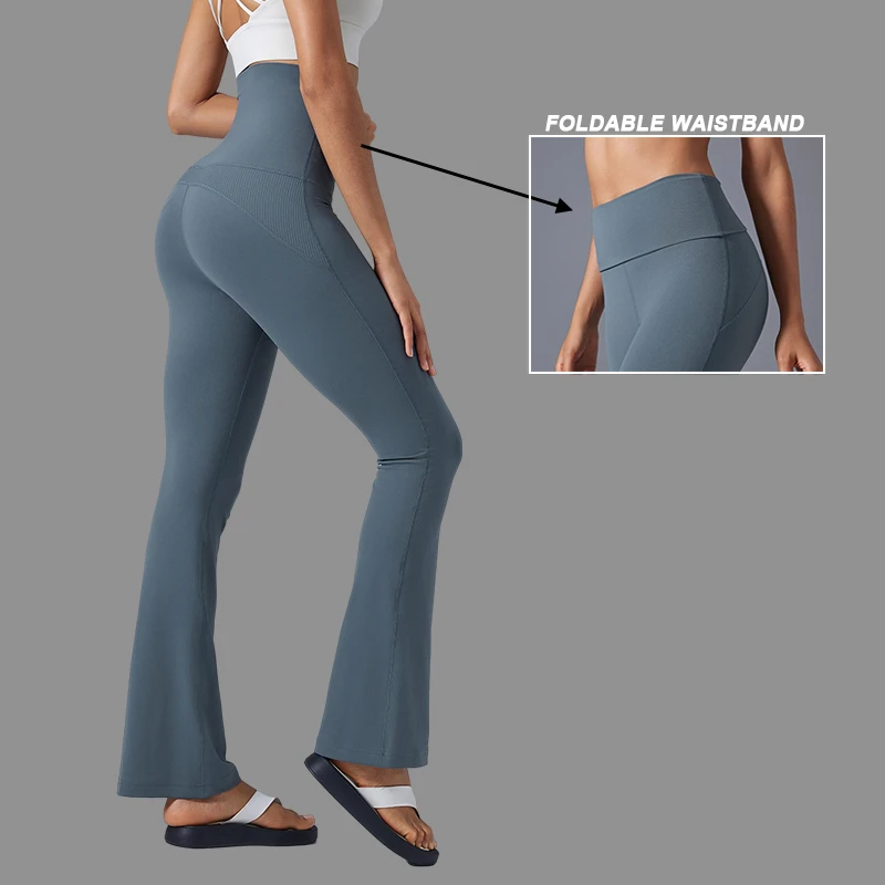 Comfortable Slimming Fit High Waist Flare Gym Fitness Pants Nude Feel Women's Sports Yoga Leggings With Foldable Waistband