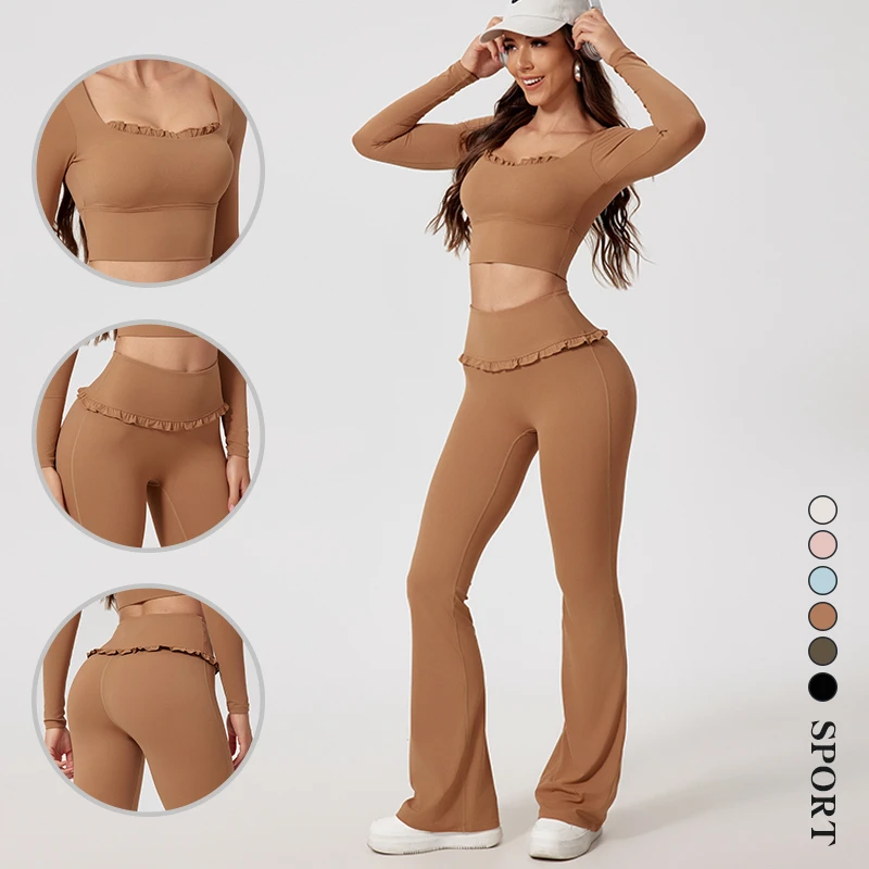 Custom Naked Feeling Yoga Outfit High Waist Tummy Control Quick Dry Flared Pants Suit Gym Fitness Wear Women Yoga Set