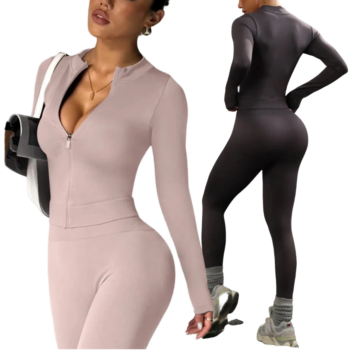 High Waist Yoga Suit Long Sleeves Elastic Waist Full Zipper Closure Solid Pattern Sports Outfit Hip Lift Bound Feet Logo Front