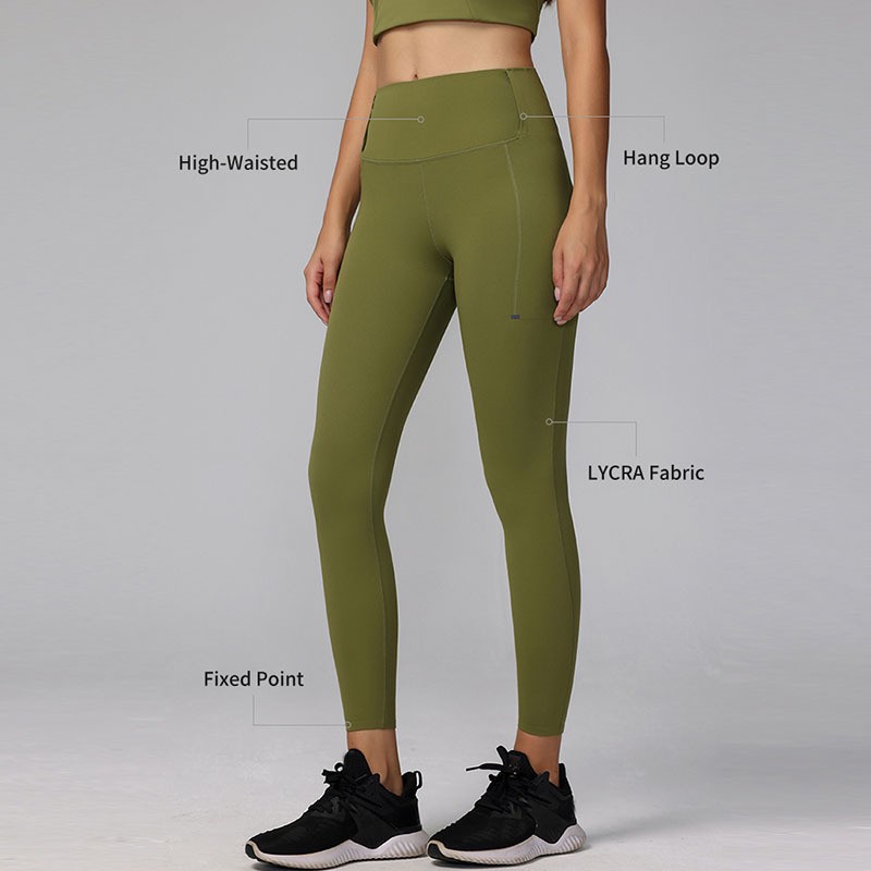 Women's High-Waisted Sports Yoga Pants Side Pocket Solid Pattern No Awkward Lines Lifted Peach Buttocks Fitness Yoga Leggings