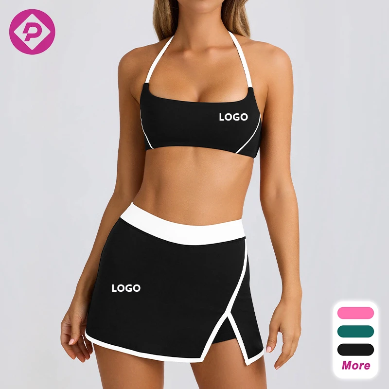 Women's Activewear Sport Crop Top Breathable Workout Bra Elastic Fitness Skirts 2 Piece Gym Yoga Sets