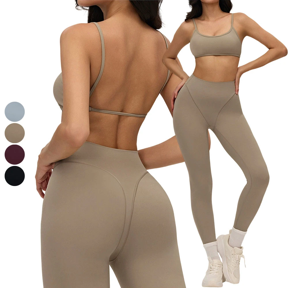 Women's Sexy Yoga Set 2 Piece Backless Sports Bra High Waist Leggings Push Up Workout Outfits Fitness Gym Activewear