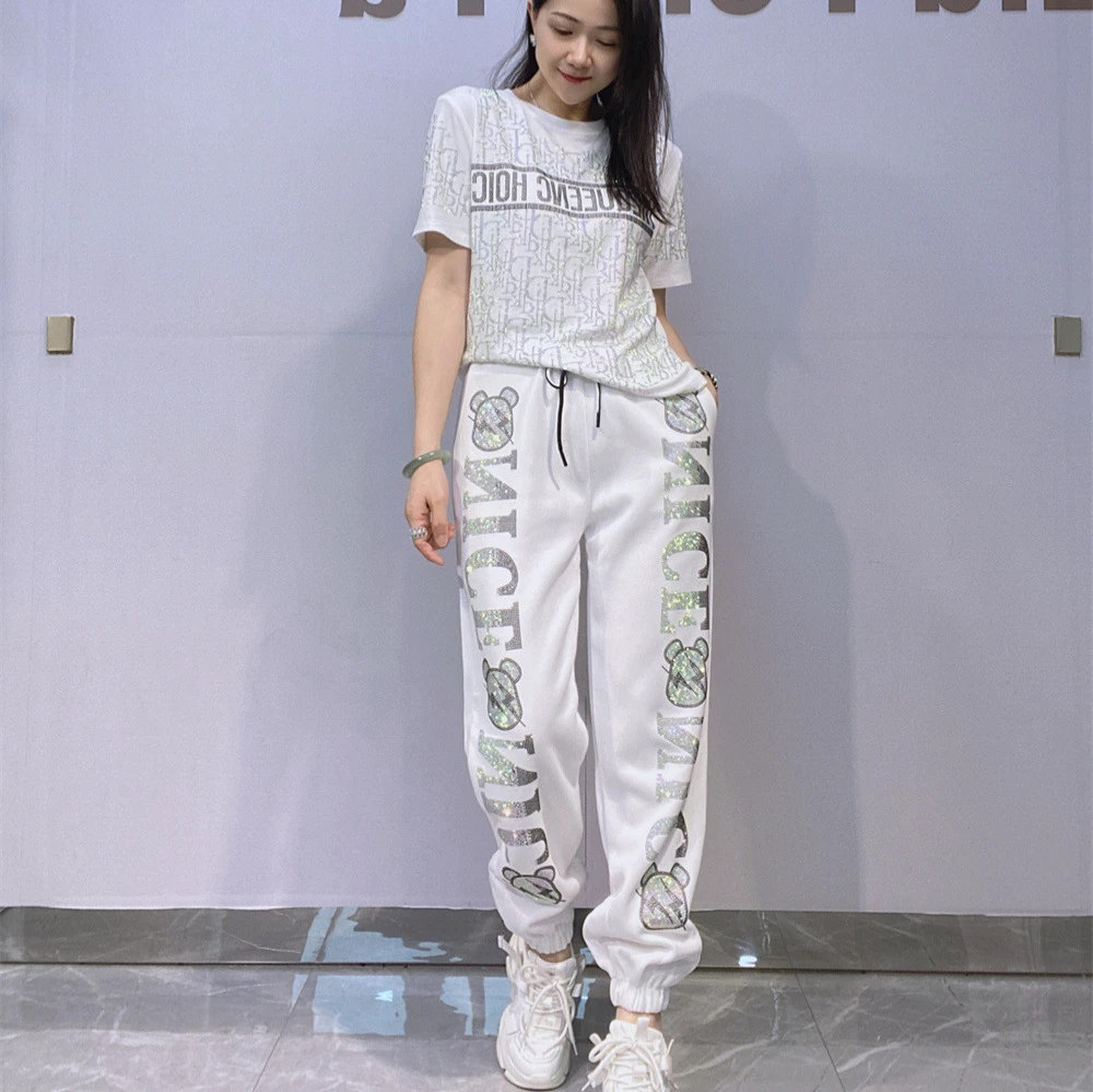 LFF-9751/Mid-waisted Ankle-tied Sweatpants Women's Petite European-style Rhinestone-studded Loose Cotton Polyester Trousers