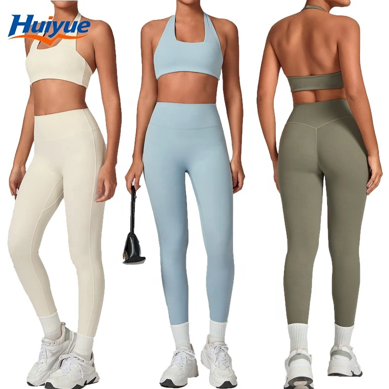 Shockproof Yoga Bra Set for Women Strength Training Squared Neckline Halter Crop Sport Top Leggings Lift Butt Suit