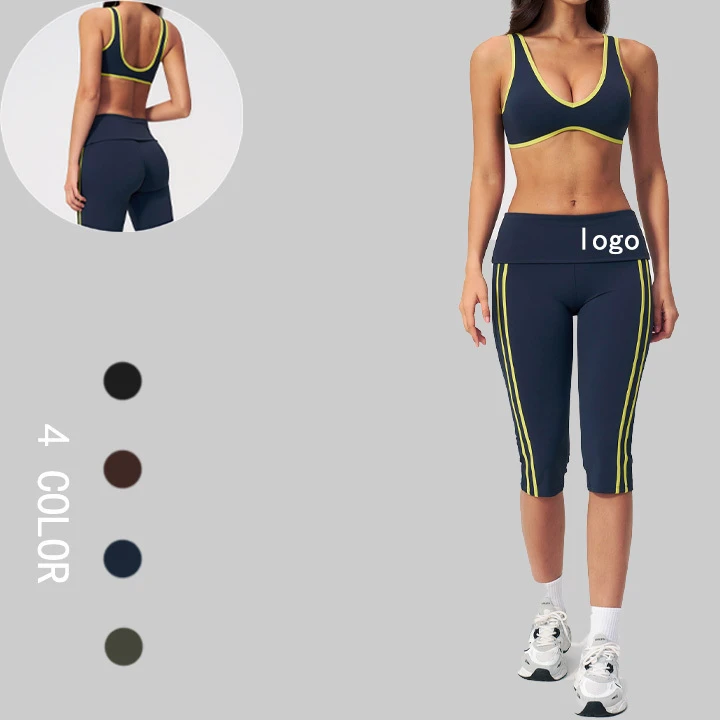 Women Side Stripes Color Contrast Sports Set Foldover Mid Waist Backless Breathable Workout Set 2-Piece Yoga Set