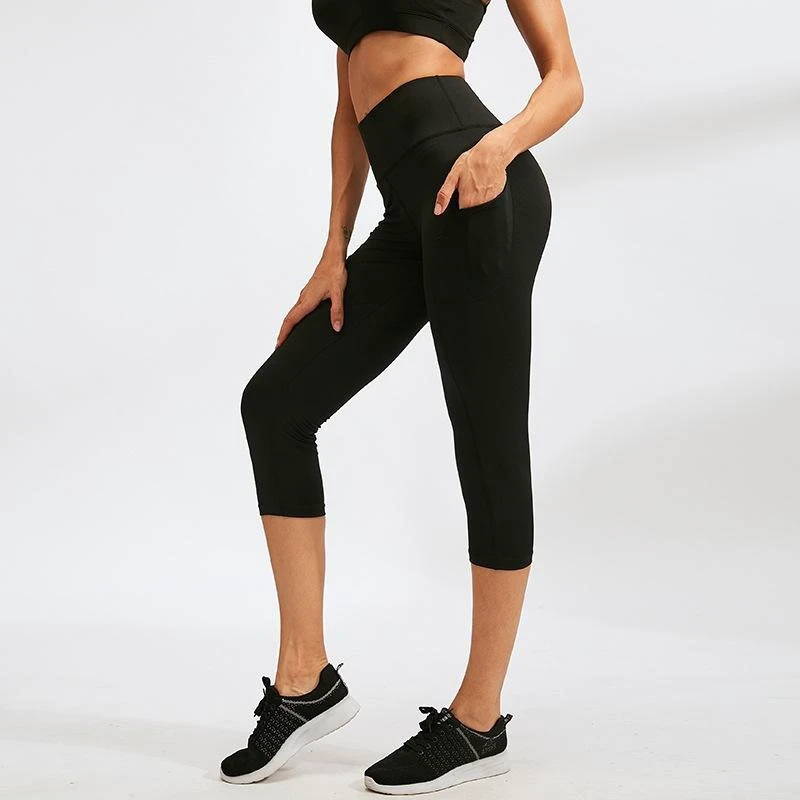 Womens Solid for Yoga Pants Wrinkle-Resistant Pockets Fitness Running Sports Stretch Quick-Dry High-Waist Butt-Lifting