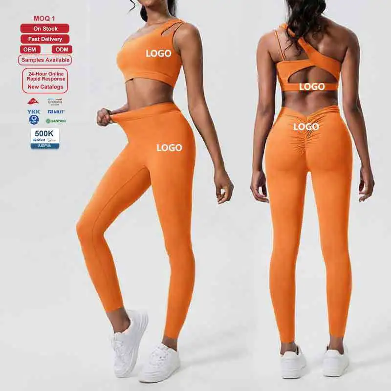Women Factory Yoga Suits 2 Piece High Waisted Hip Lift Running Leggings Shockproof One Shoulder Yoga Bra Fitness Set Wholesale