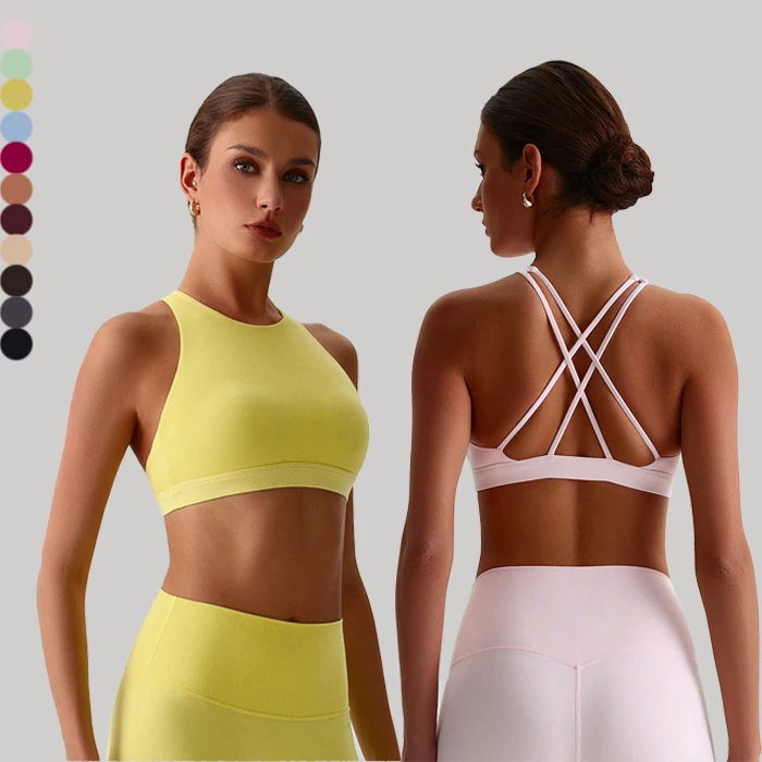Second Skin High Support Sports Bra Stretchy Strappy Back High Neck Sports Bra O Neck Light Weight Yoga Bra for Women