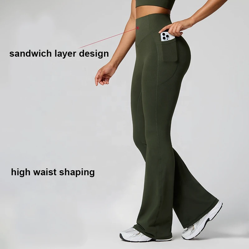 High Waist Shaping Yoga Pants Flare Women Tummy Control Leggings Gym Tights Pockets Slimming Butt Lifting Wide Leg Yoga Leggings