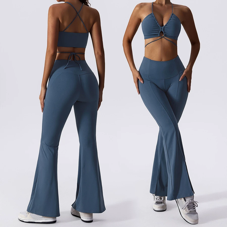 Quick Dry Soft Fabric Two Piece Sexy Thin Strap Cross Back Sports Bra Yoga Flare Pants Yoga Sets Women