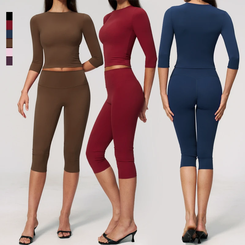 SHINBENE Women Yoga Outfits 2Piece Set Workout Gym Capri Pants Mid Sleeve Crop Top Workout Sets Activewear