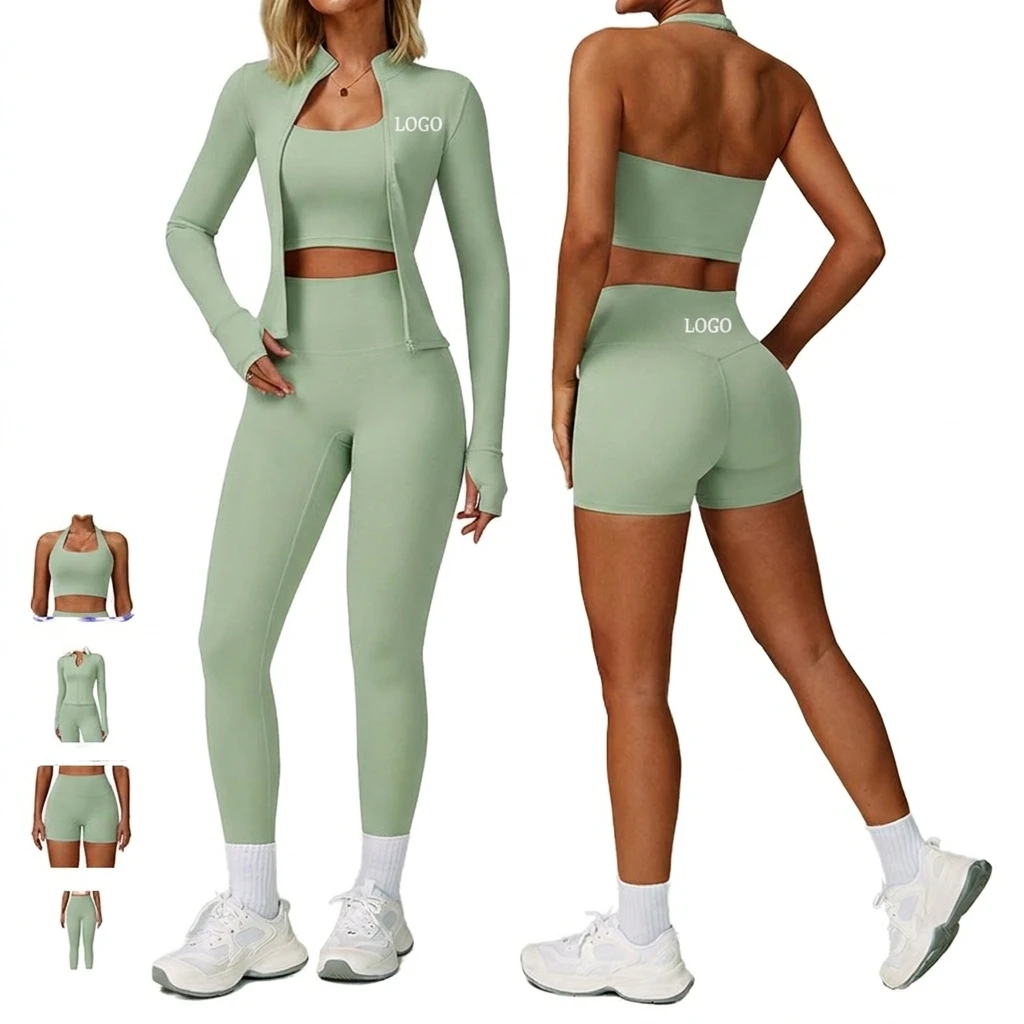 Quick Dry 4-Piece Sets Workout High-Waisted Spandex/Nylon Fitness Wear Women Slim Fit Yoga Set Sports Bra Tank Top