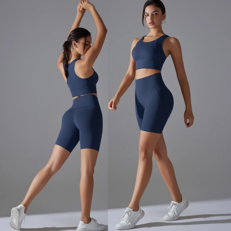 Aoyema New Three-Point Cross Sports Yoga Running Hip Lift Biker Shorts Tight Crop Top Bra for Women Two Piece Gym Fitness Sets