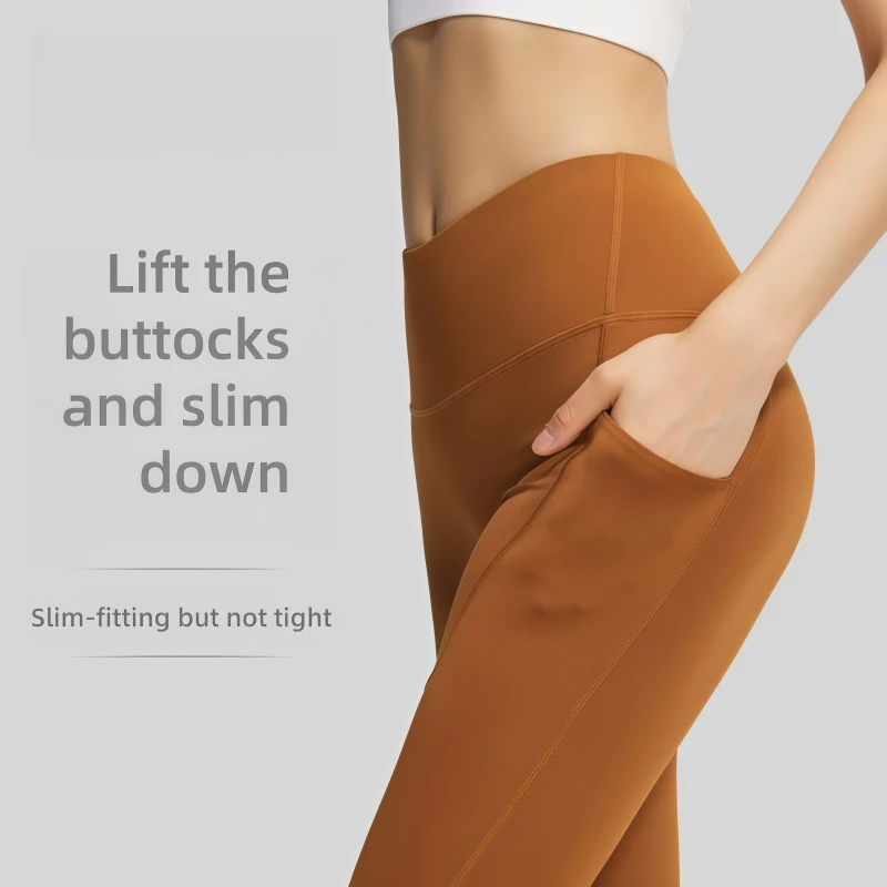 Solid Butt-Lifting Yoga Pants Barely-there Feel High Waist Tight Fit High Elasticity Quick Dry Side Pocket Training