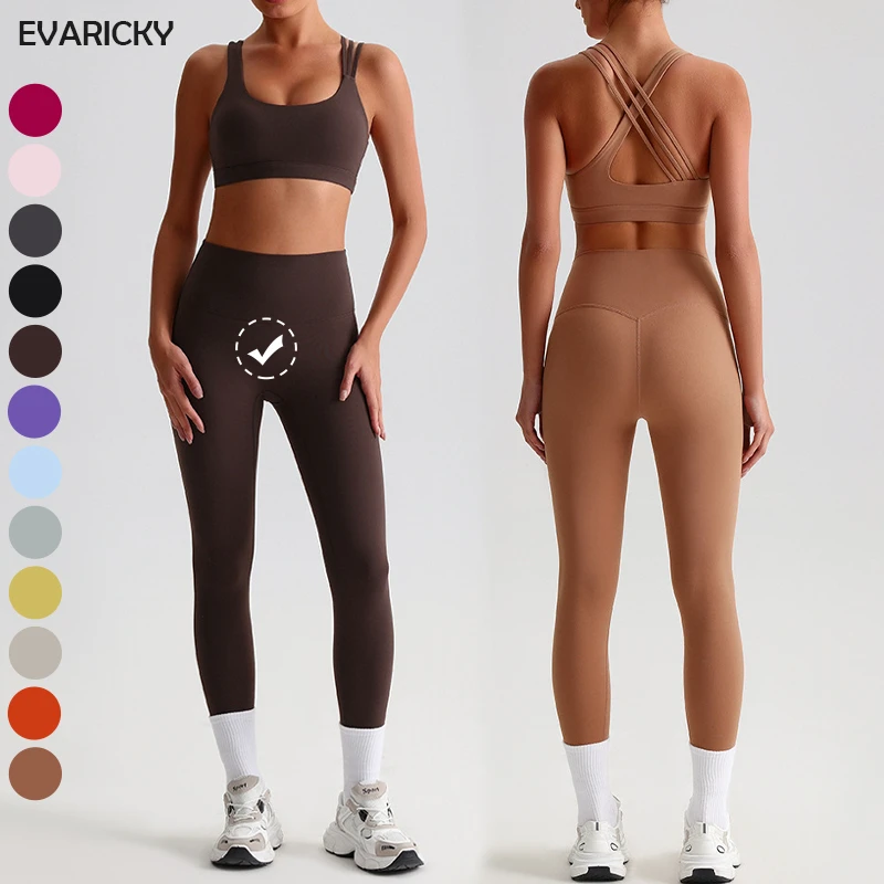 Women's High Waist Leggings and Cross Back Sports Bra Yoga Top Set Breathable Wholesale Gym Fitness Tracksuits Solid Pattern