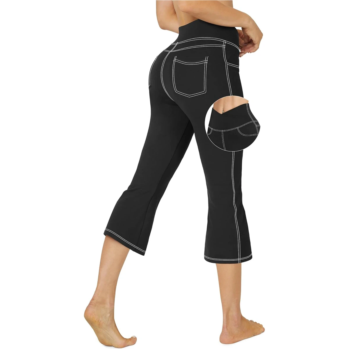 Hip Lift White Seam Sports Fitness Capri Pants Women High Waist Flare Wide Leg Yoga Leggings Workout Cropped Tight Yoga Pants