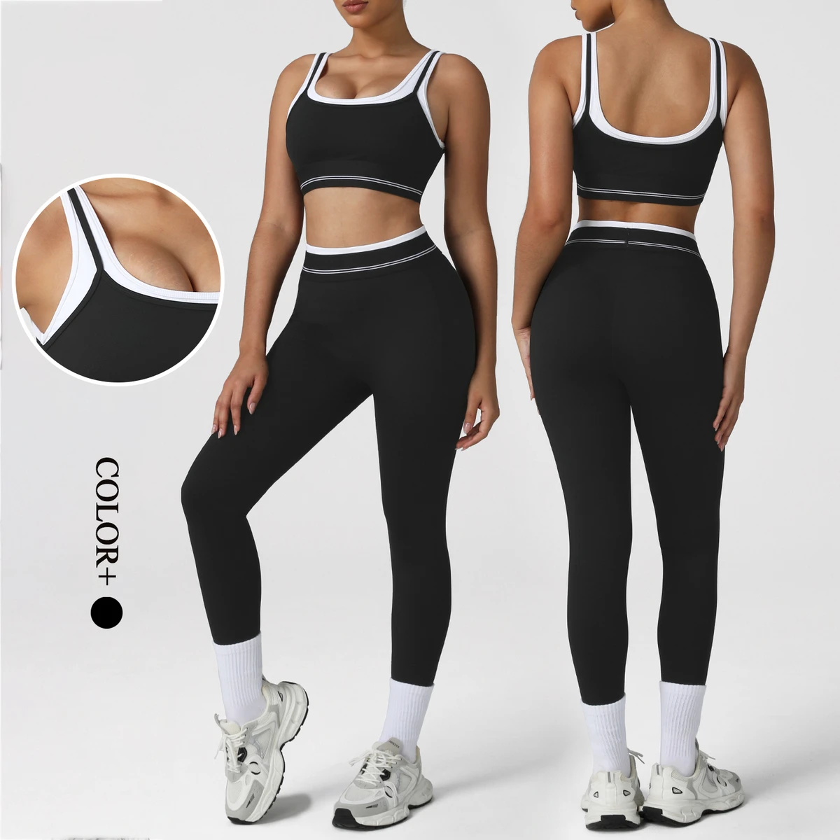 Vanciegroup 2 in 1 Double-layer Color Blocking Design High Waist Elastic Sports Yoga Fitness Set Cropped Leggings Soft Skin Bra